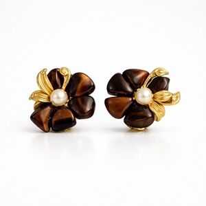 Vintage 1970s BARCS Tiger’s Eye Flower Earrings Gold Pearl Clip-On Australia
